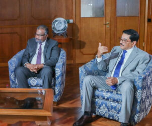 Governor of the Central Bank of Sri Lanka Dr Nandalal Weerasinghe and Secretary to the Treasury, Ministry of Finance Mr. K M Mahinda Siriwardana
