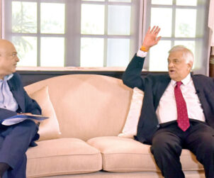 President Ranil Wickremesinghe gestures during the special interview by Daily FT Editor and CEO Nisthar Cassim