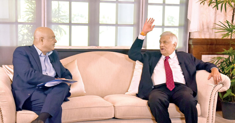 President Ranil Wickremesinghe gestures during the special interview by Daily FT Editor and CEO Nisthar Cassim